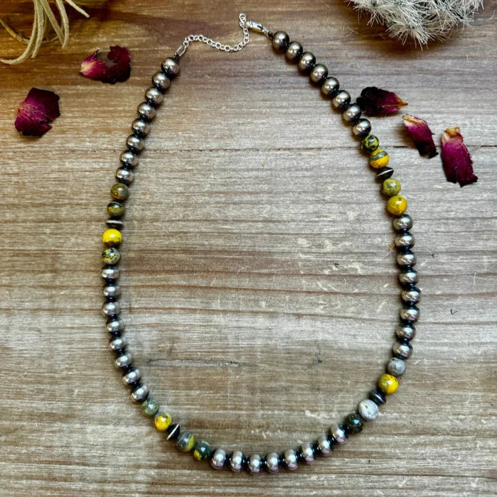 18" 8mm Sterling Silver Pearls with Bumblebee Jasper Necklace