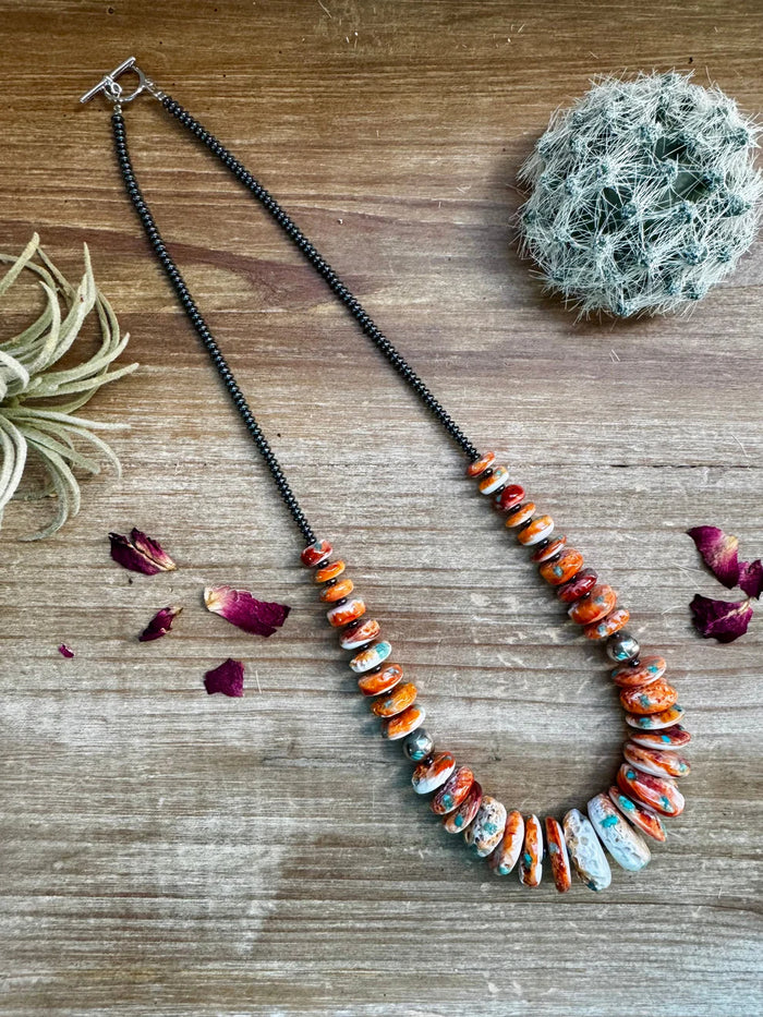 21" Graduated Orange and Turquoise Spiny Oyster Necklace With Sterling Silver Pearls