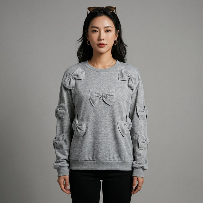 Sweat-shirt gris ample avec nœud 3D, mode K-fashion décontractée - Taille XL - Grande Taille