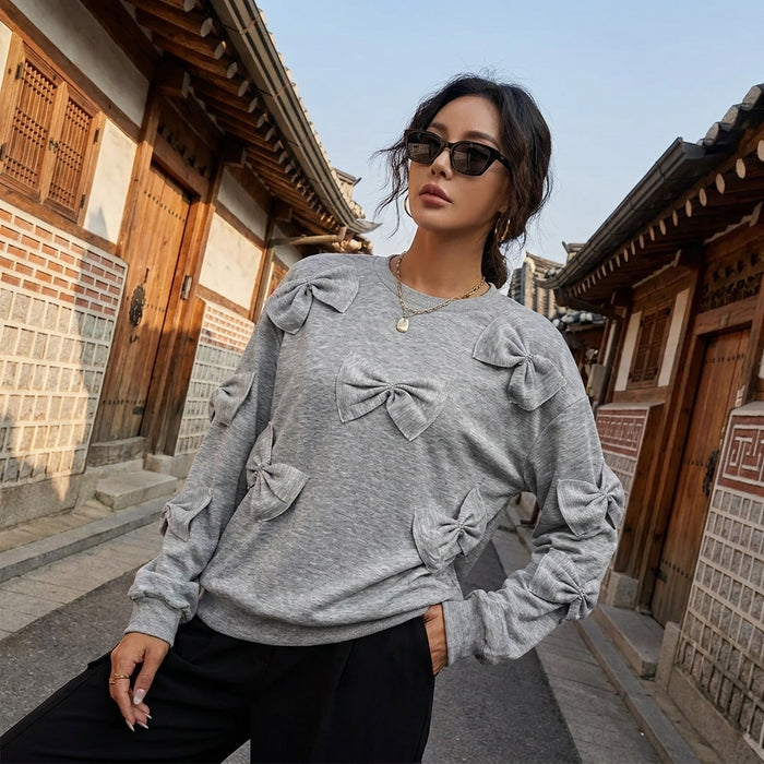 Sweat-shirt gris ample avec nœud 3D, mode K-fashion décontractée