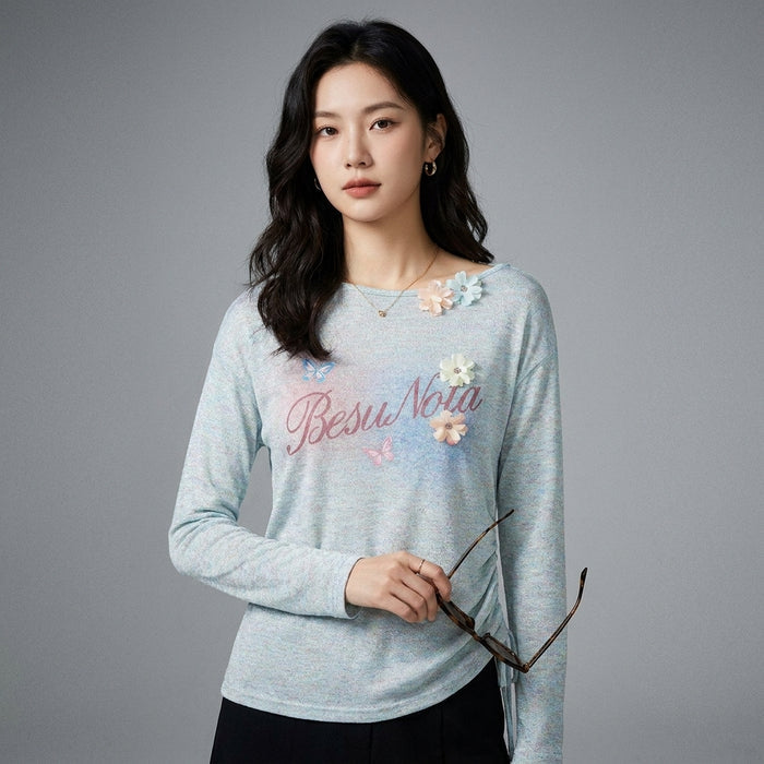 T-shirt manches longues avec papillons et fleurs 3D - Mode coréenne irisée - Taille S