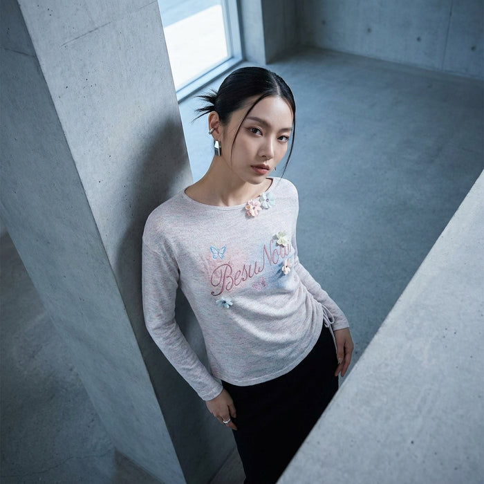 T-shirt manches longues avec papillons et fleurs 3D - Mode coréenne irisée