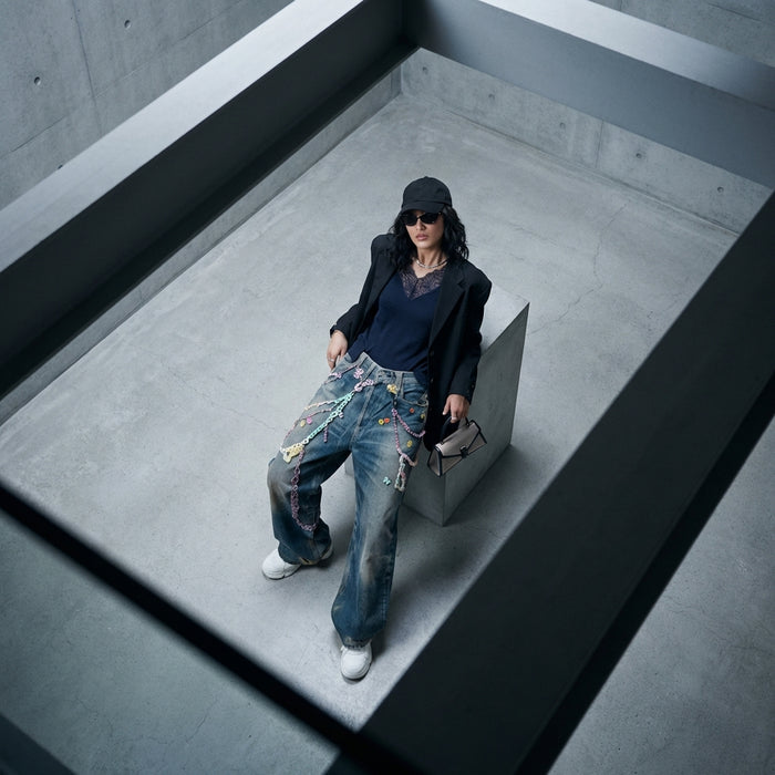 Jean droit femme imprimé bonbons 3D, style streetwear décontracté