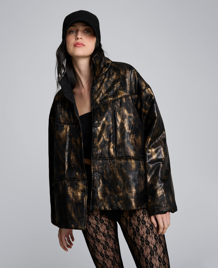 Animal Foiled Satin Lightweight Seamed Puffer Jacket
