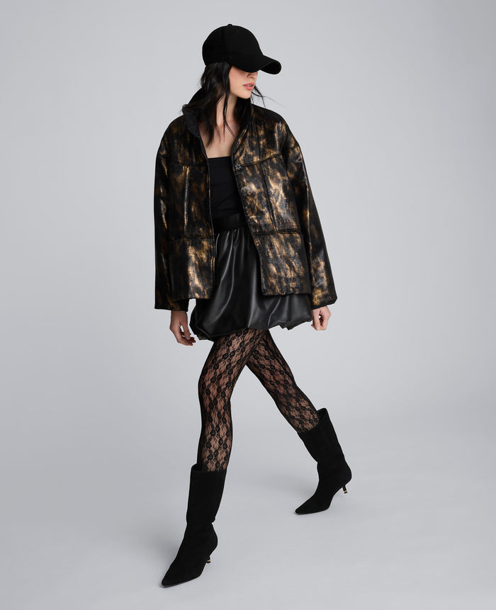 Animal Foiled Satin Lightweight Seamed Puffer Jacket