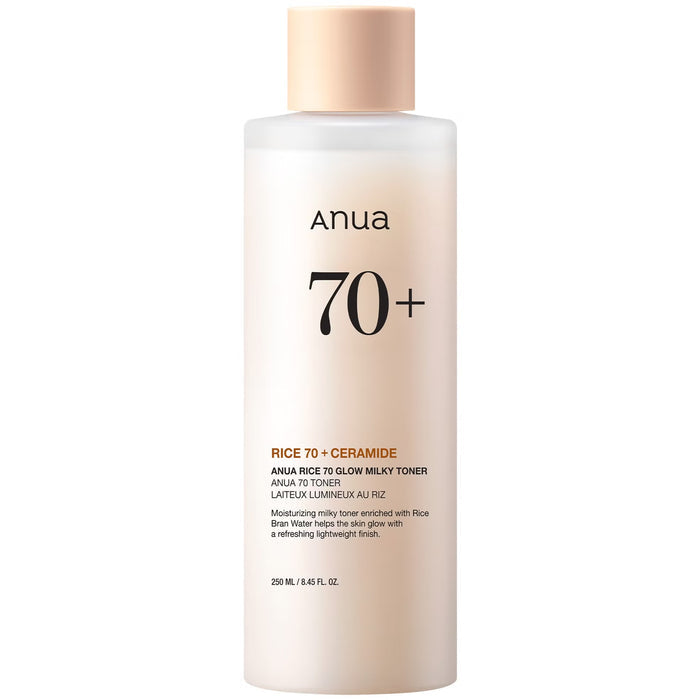 Anua rice 70 + ceramide toner bottle on a white background