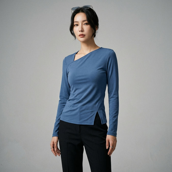 T-Shirt ajusté col asymétrique manches longues - Koreanxwear - Taille S