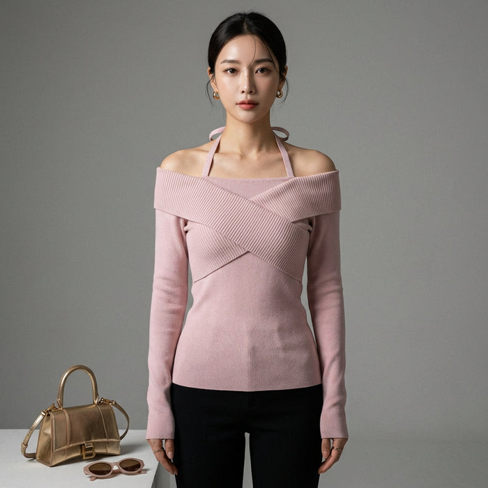 Pull tricoté asymétrique noir avec épaule dénudée - Koreanxwear - Taille S