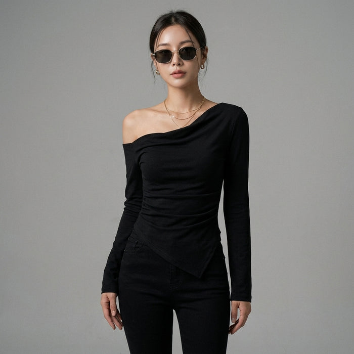 T-shirt court asymétrique noir manches longues - K-fashion femme - Taille S