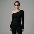 T-shirt court asymétrique noir manches longues - K-fashion femme - Taille S