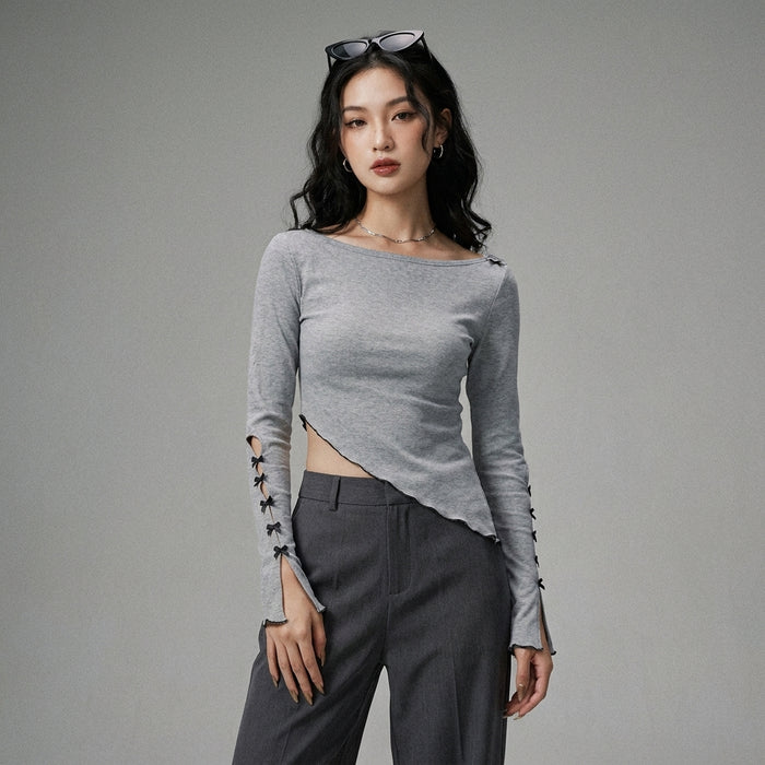 Top asymétrique gris à manches longues - K-fashion femme - Taille S