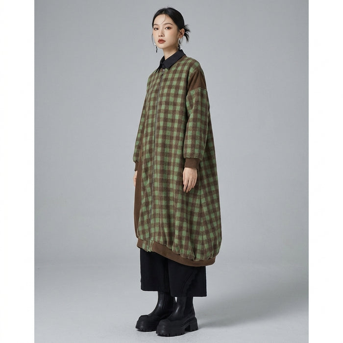 Manteau long à carreaux asymétrique noir et blanc - Koreanxwear - Taille one size