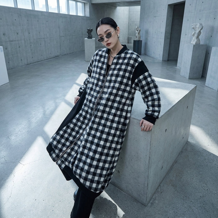 Manteau long à carreaux asymétrique noir et blanc - Koreanxwear