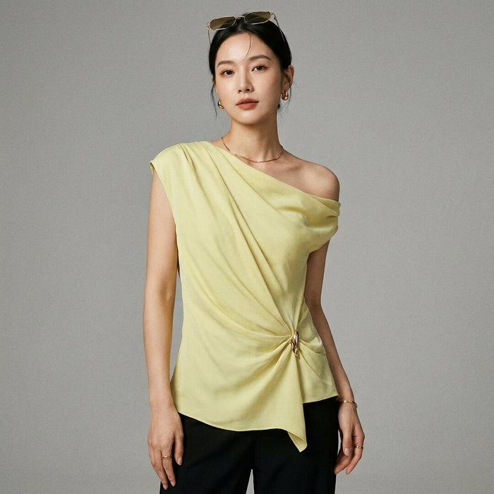 Top plissé asymétrique jaune clair femme - Koreanxwear - Taille S