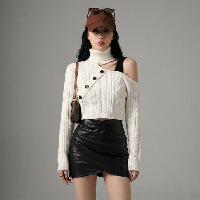 Pull tricoté asymétrique blanc col roulé femme - Koreanxwear - Taille S