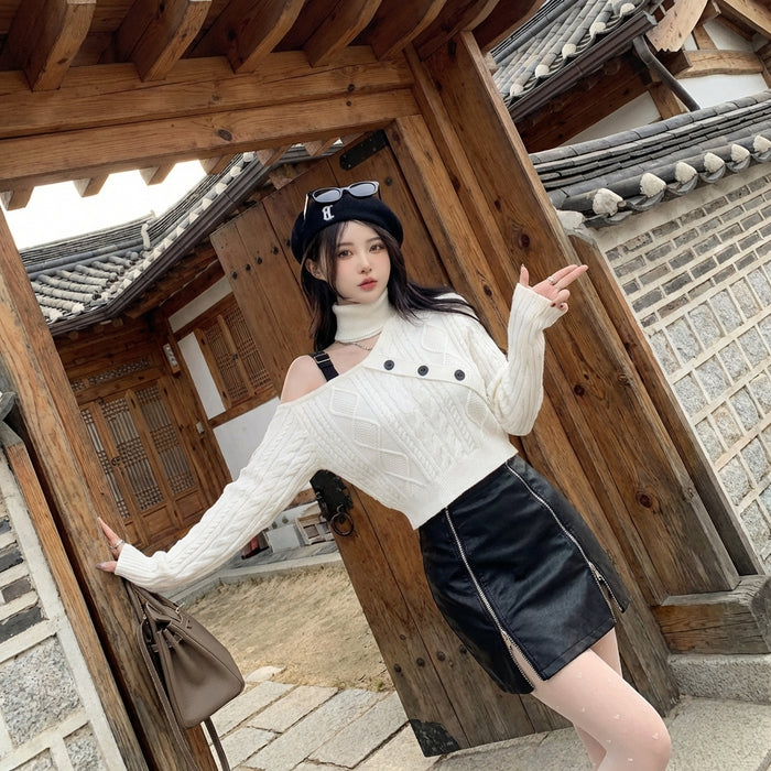 Pull tricoté asymétrique blanc col roulé femme - Koreanxwear
