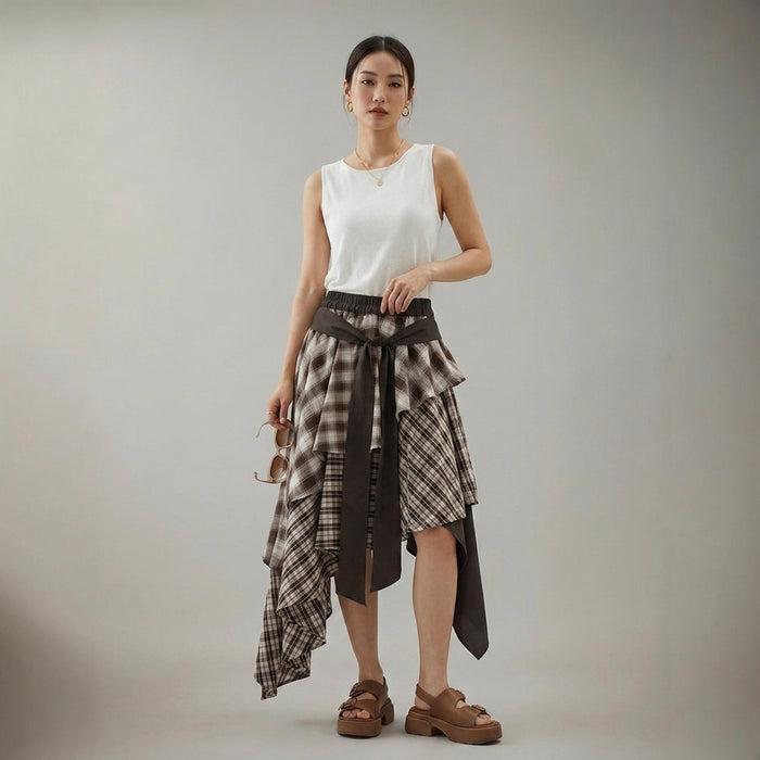 Jupe longue asymétrique à carreaux marron - Mode coréenne streetwear - Taille S