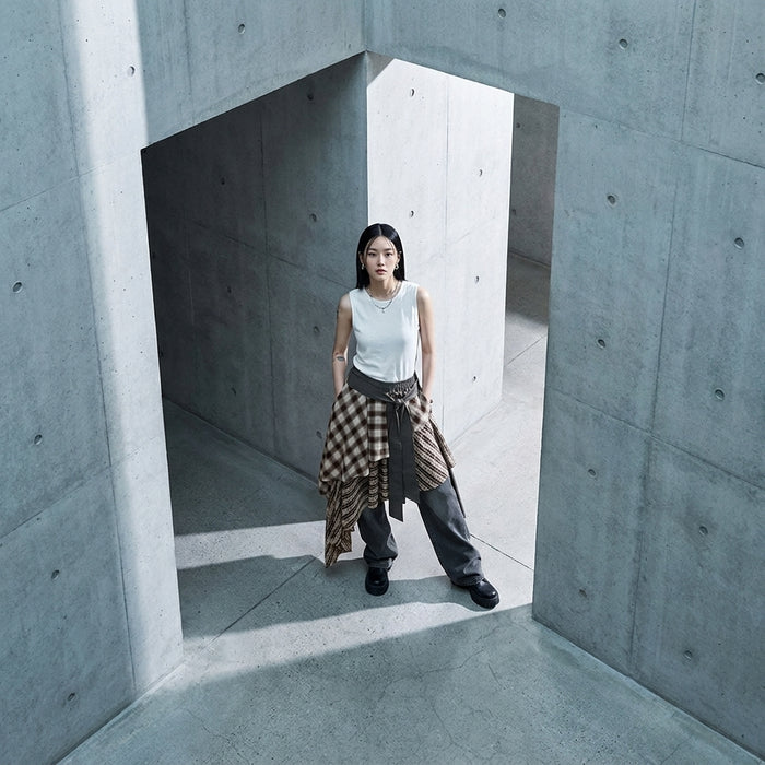 Jupe longue asymétrique à carreaux marron - Mode coréenne streetwear