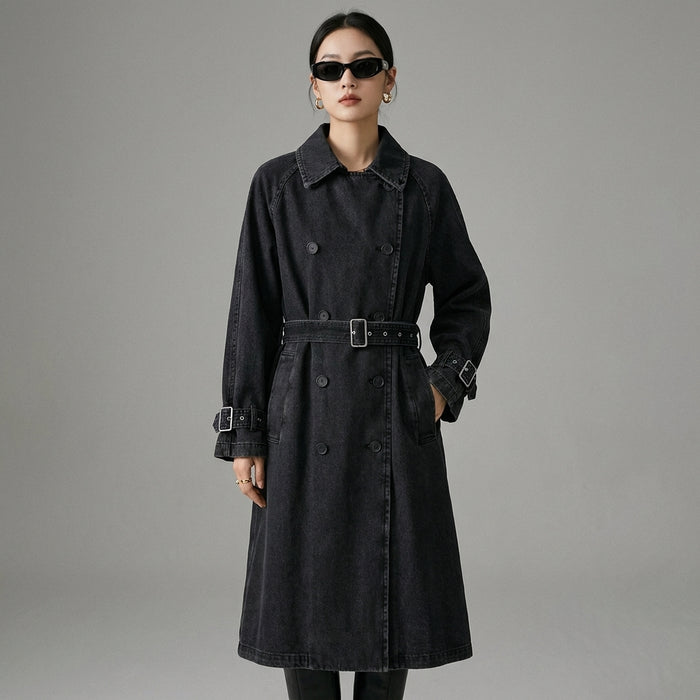 Manteau long en jean noir ceinturé pour femme - Streetwear K-fashion - Taille XS