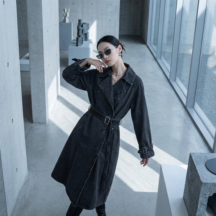 Manteau long en jean noir ceinturé pour femme - Streetwear K-fashion
