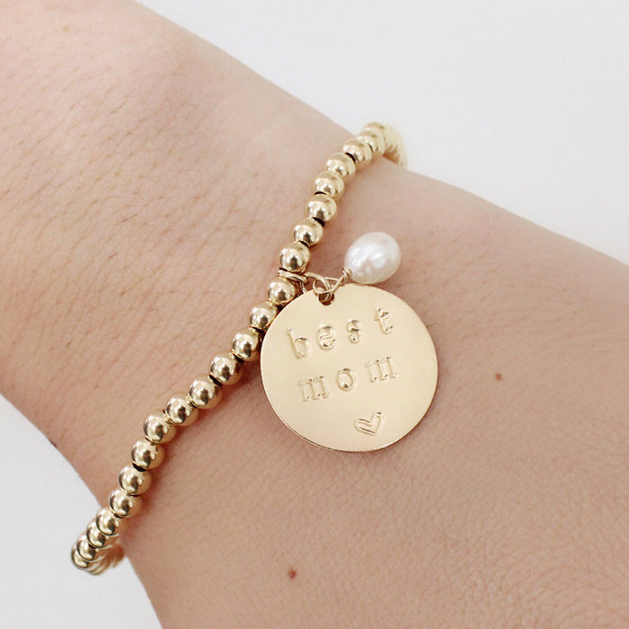 taudrey best mom Mother's Day gift beaded bracelet gold beads charm hand stamped with best mom
