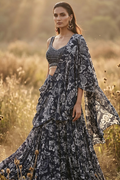 Black Crepe Draped Saree Set