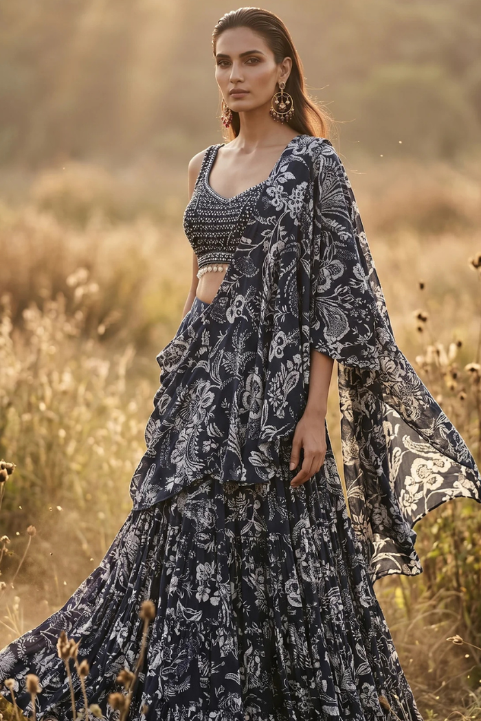 Black Crepe Draped Saree Set
