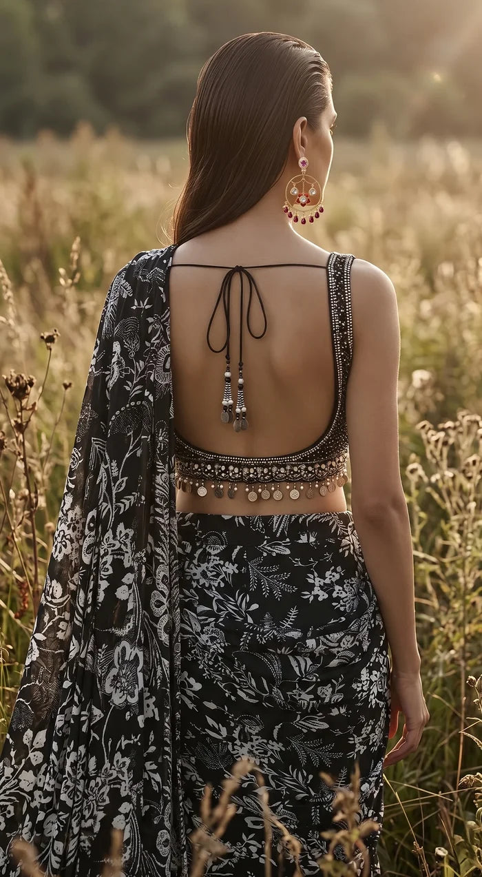 Black Crepe Draped Saree Set