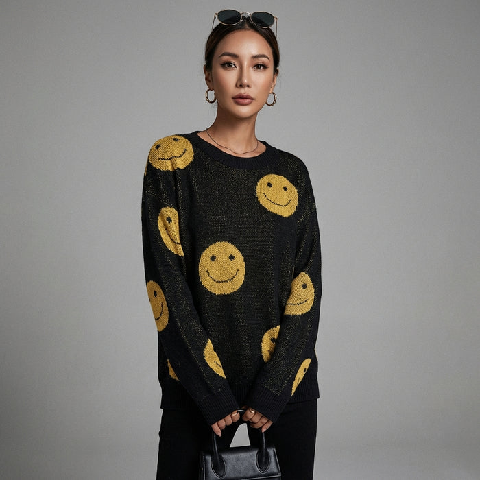 Pull noir oversize à manches longues avec motif smiley - Koreanxwear - Taille M