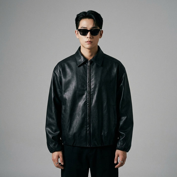 Veste moto effet cuir noire, style streetwear K-fashion - Taille M