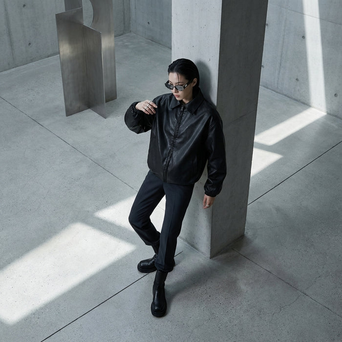 Veste moto effet cuir noire, style streetwear K-fashion