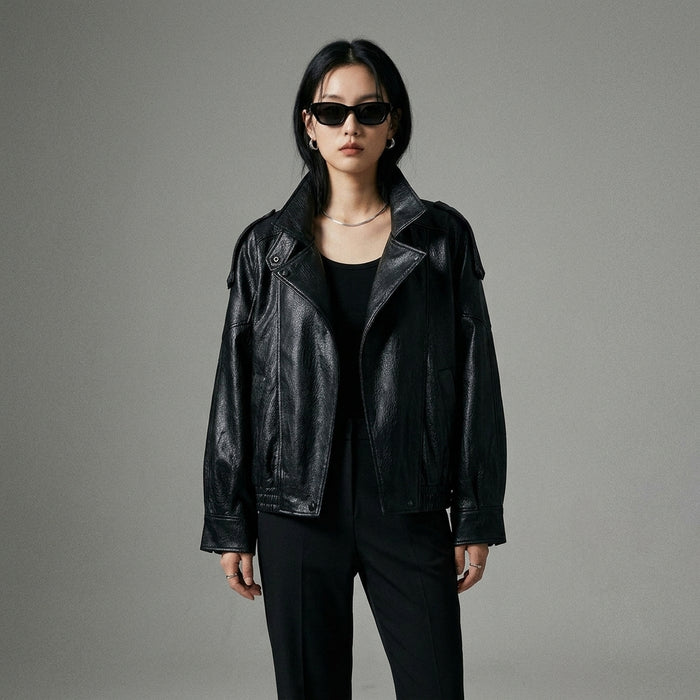 Veste similicuir noire col montant femme - Mode coréenne streetwear - Taille XS