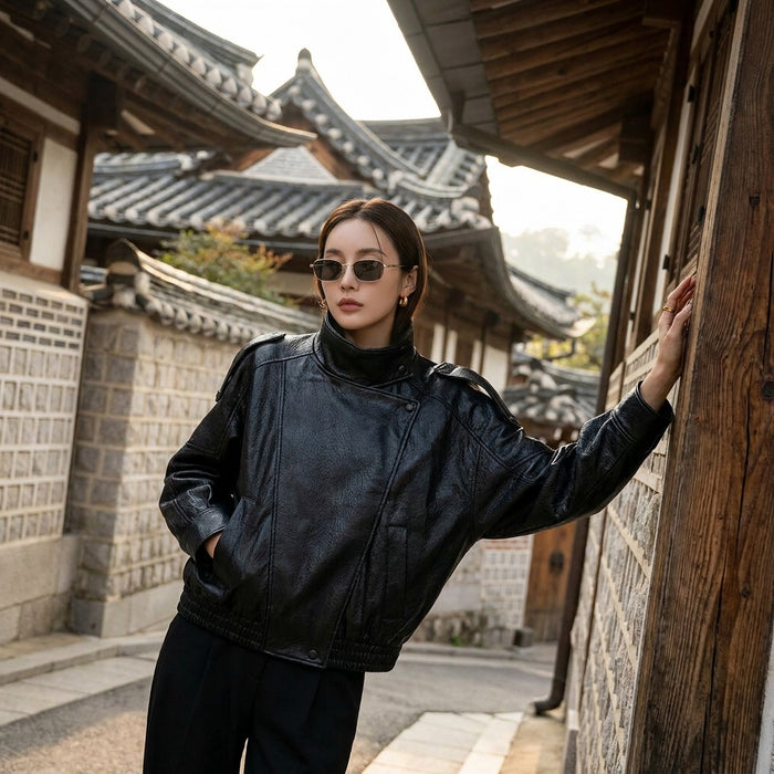 Veste similicuir noire col montant femme - Mode coréenne streetwear