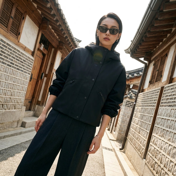 Veste zippée à capuche noire, mode streetwear coréenne pour femme