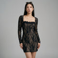 Robe longue ajustée dentelle noire col carré - Koreanxwear - Taille S