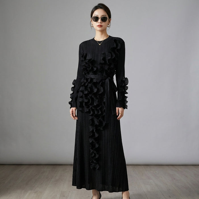 Robe longue plissée noire à manches longues - Mode Coréenne Élégante - Taille One size