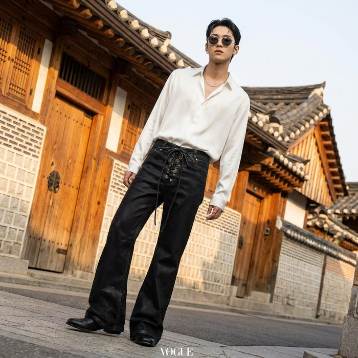 Pantalon denim noir délavé coupe droite - Mode coréenne