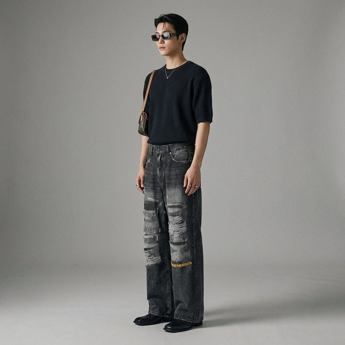 Jean denim délavé noir unisexe - Koreanxwear - Taille S