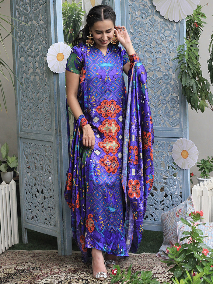 Layla Stylised Blue Satin Silk Festive Dress for women