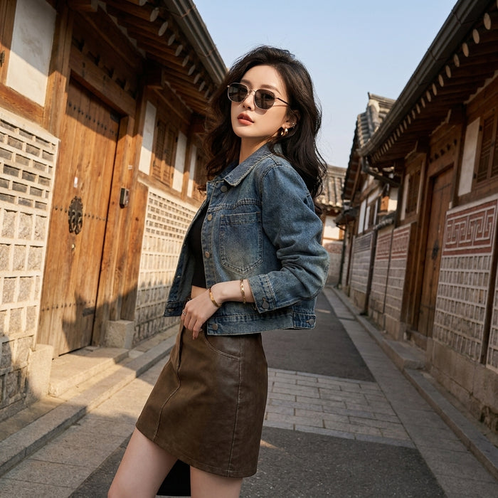 Veste en jean courte bleue pour femme - Koreanxwear