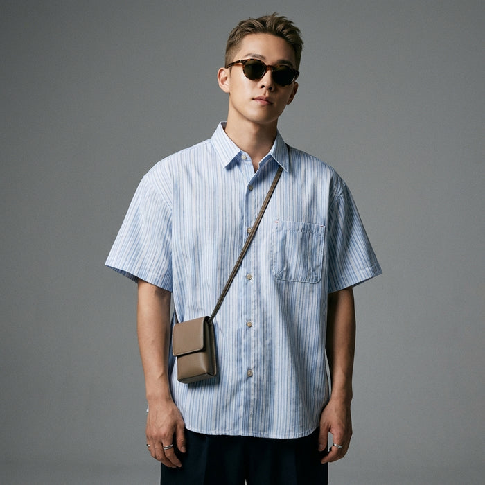 Chemise rayée oversize bleue, coupe décontractée K-fashion pour homme et femme - Taille M