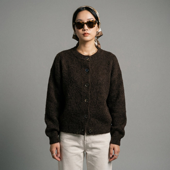 Cardigan boutonné marron à manches longues, style K-fashion décontracté - Taille S