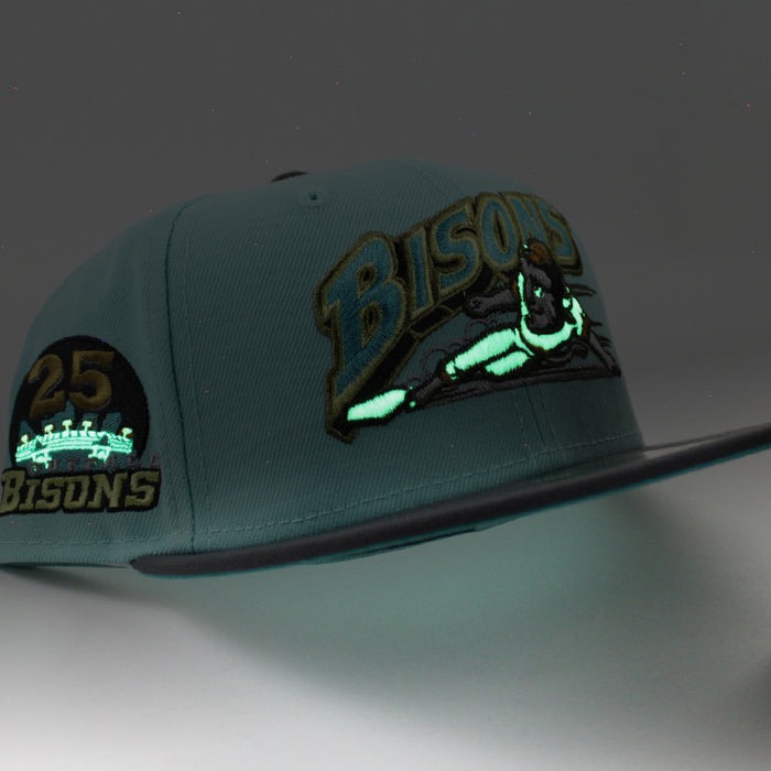 Buffalo Bisons 25TH ANNIVERSARY New Era 59Fifty Fitted Hat (Glow in the Dark BLUE TINT DK GRAPHITE TEAL BREEZE Under Brim)