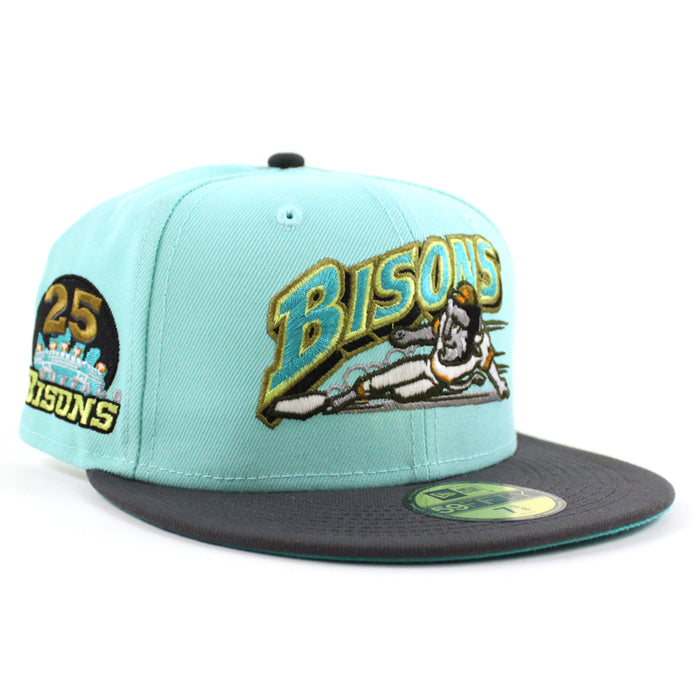 Buffalo Bisons 25TH ANNIVERSARY New Era 59Fifty Fitted Hat (Glow in the Dark BLUE TINT DK GRAPHITE TEAL BREEZE Under Brim)