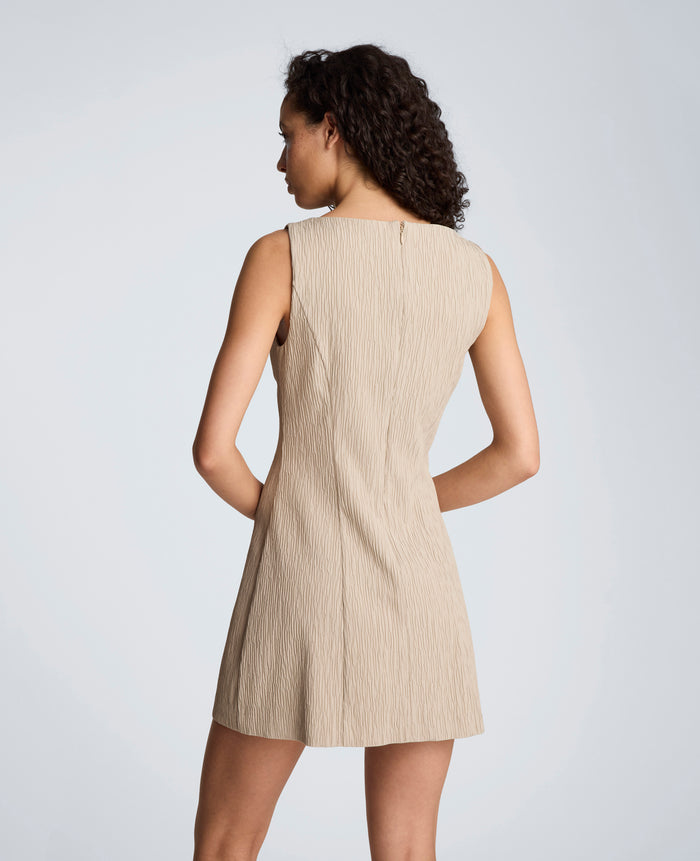 Button Front Boat Neck Sheath Short Cotton Cloque Dress