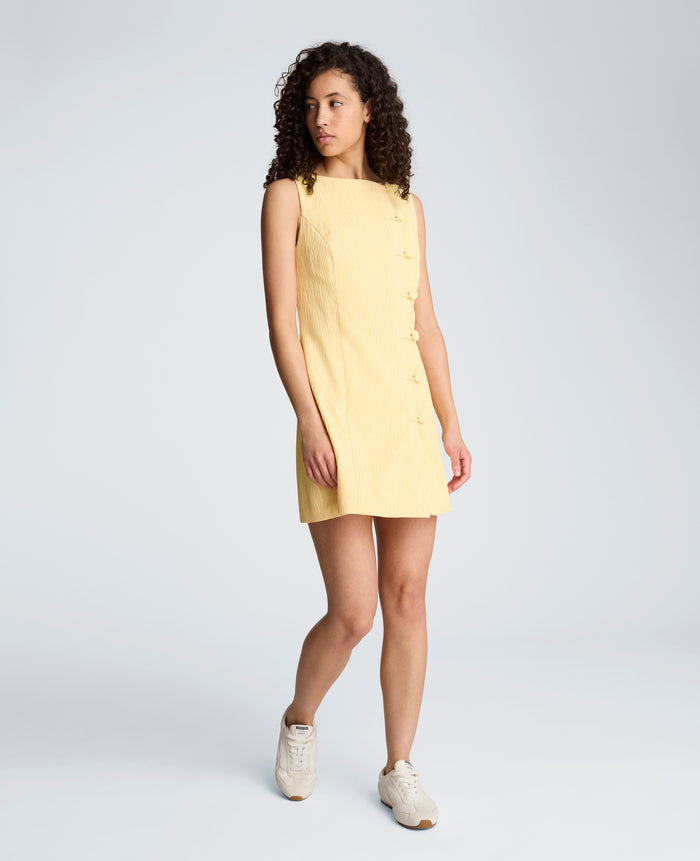 Button Front Boat Neck Sheath Short Cotton Cloque Dress