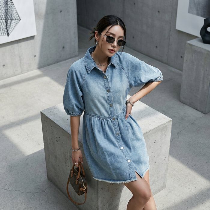 Robe courte en jean boutonnée femme - K-fashion