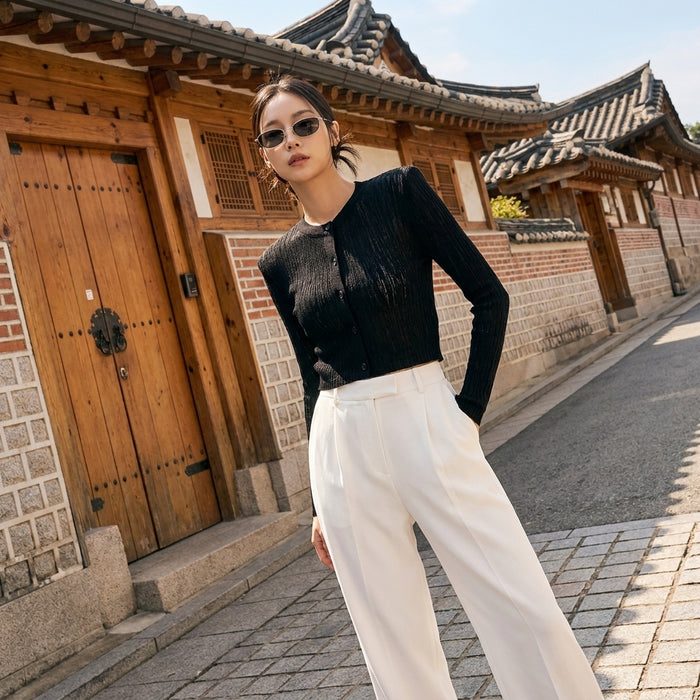 Top tricoté à manches longues noir avec boutons - Koreanxwear