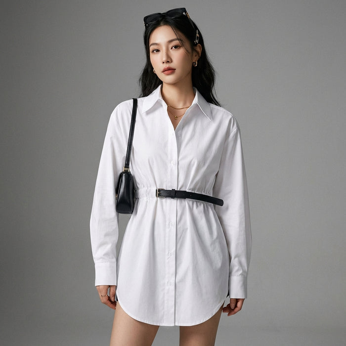 Chemise blanche mi-longue en coton, style K-fashion élégant - Koreanxwear - Taille S
