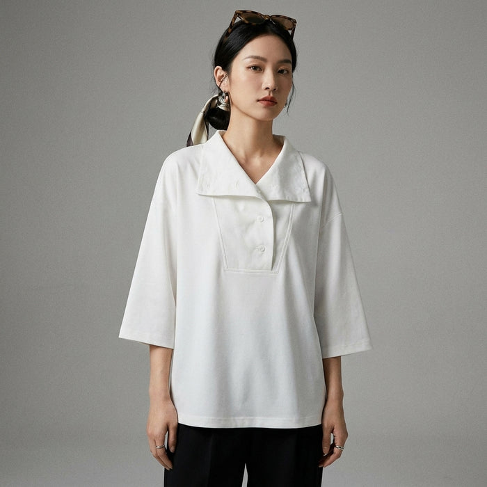 T-shirt blanc ample à col chemise et manches trois-quarts - Koreanxwear - Taille S